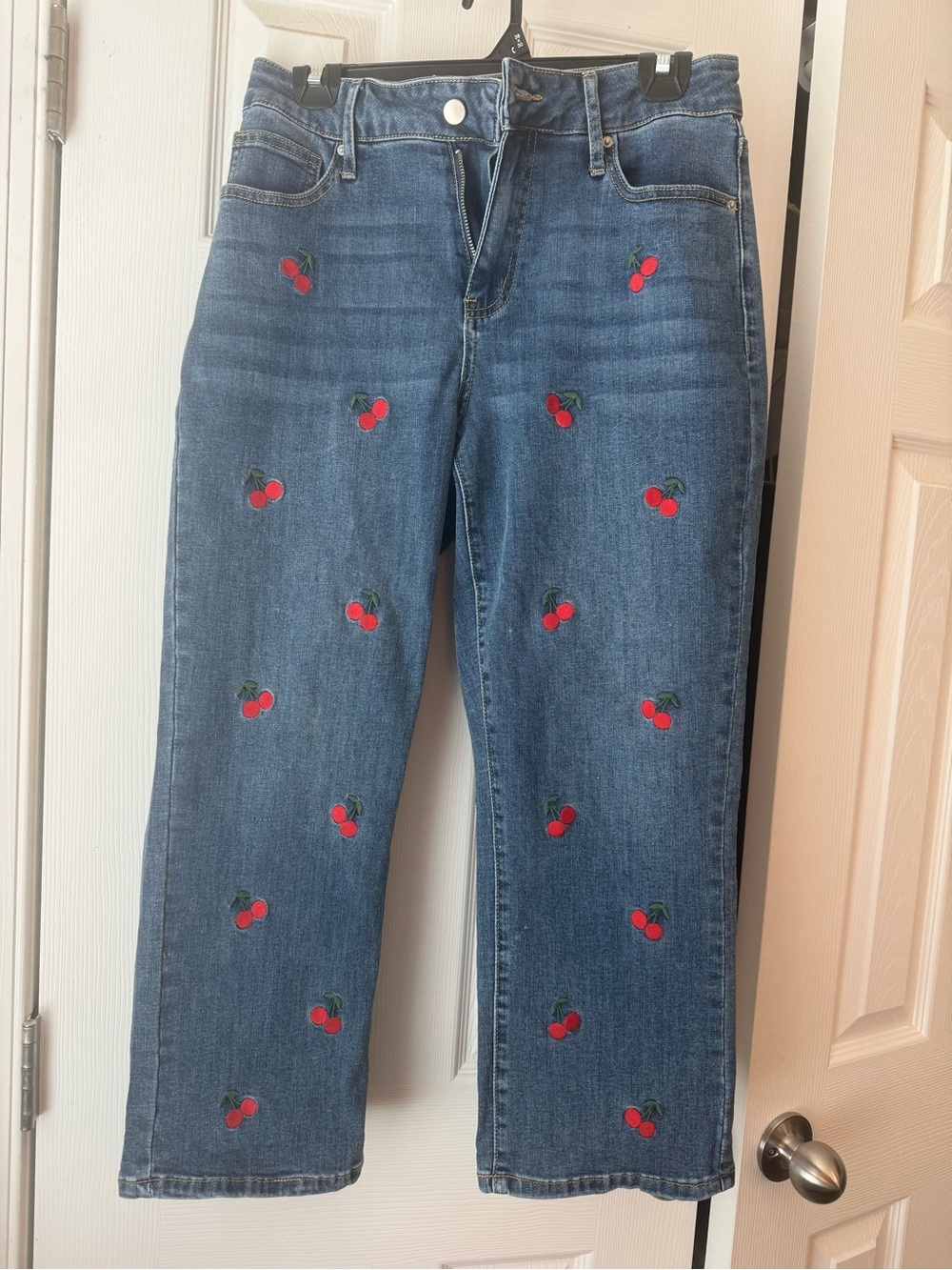 Poppy & Grace Cherry Embroidery Cropped Slim Wide Leg Jeans